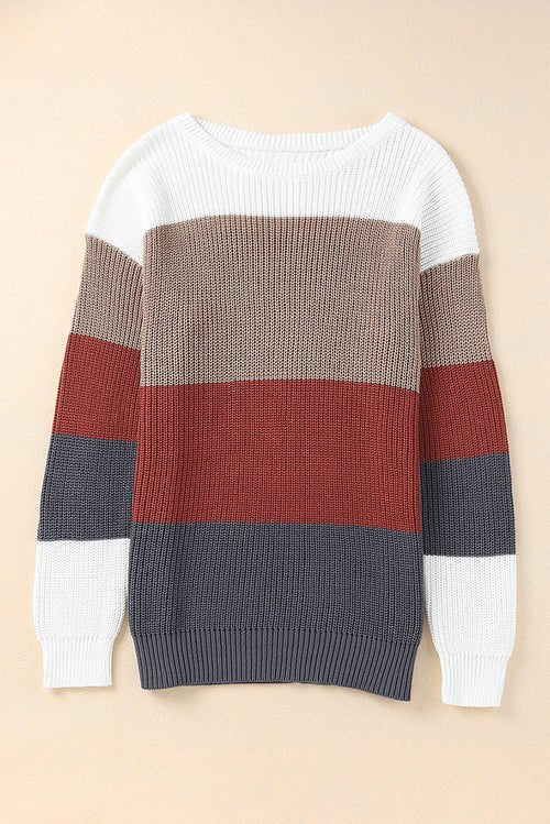 Colorblock Stripe Round Neck Pullover Sweater